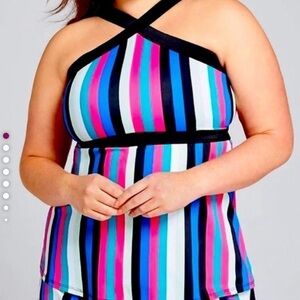 Cacique Lane Bryant Swim Tankini Top Colorful Striped Halter Wireless EUC 18W